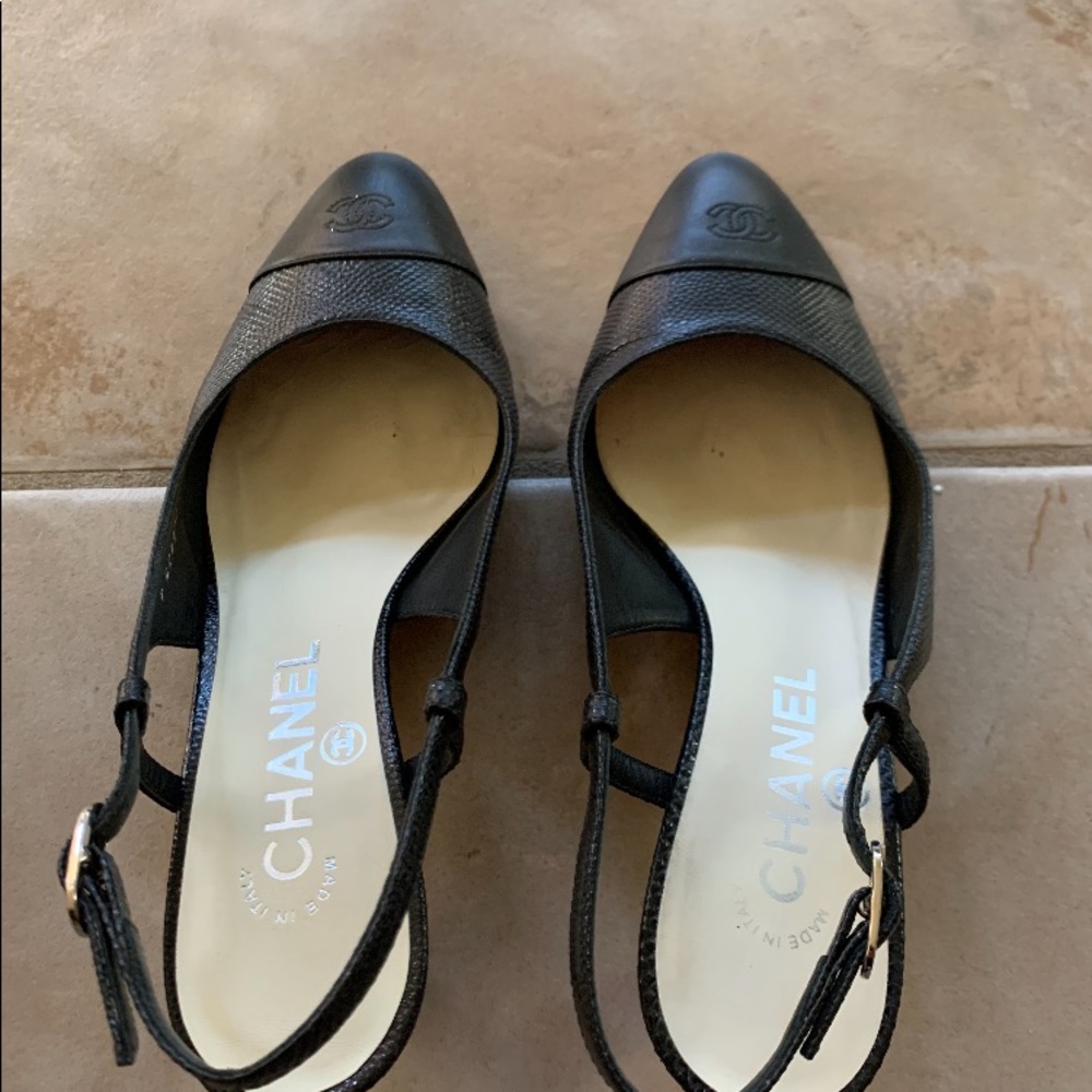 Black Chanel sling back heels
